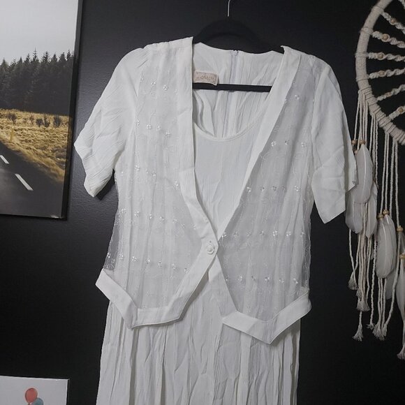 CRISP White Vintage Algo Short Sleeve Maxi Dress Sown in Mesh Embroidere… - Picture 5 of 11